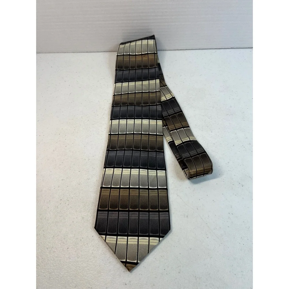 Valerio Garati Mens Silk Tie Grey Brown Cream Geometric Grid Handmade 60 Inch